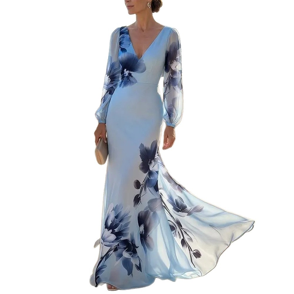 Blue Floral Print Long Sleeve V-Neck Bodycon Maxi Dress