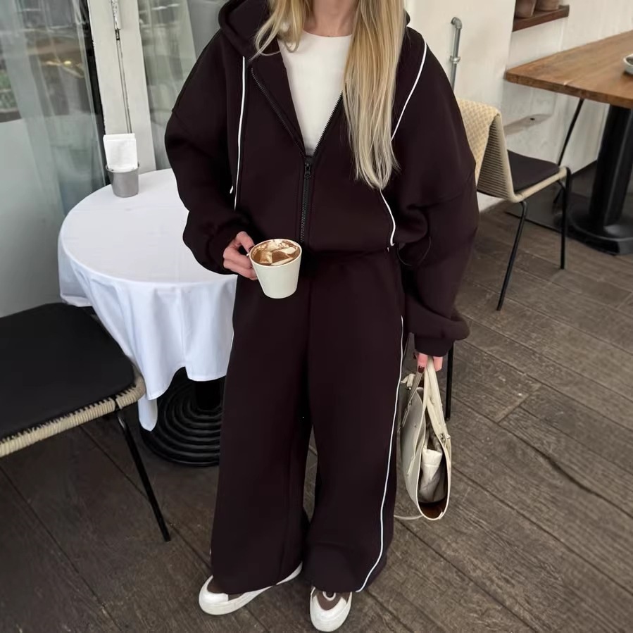 Women's Casual Hooded Zip-Up Sweatshirt and Wide-Leg Pants Set