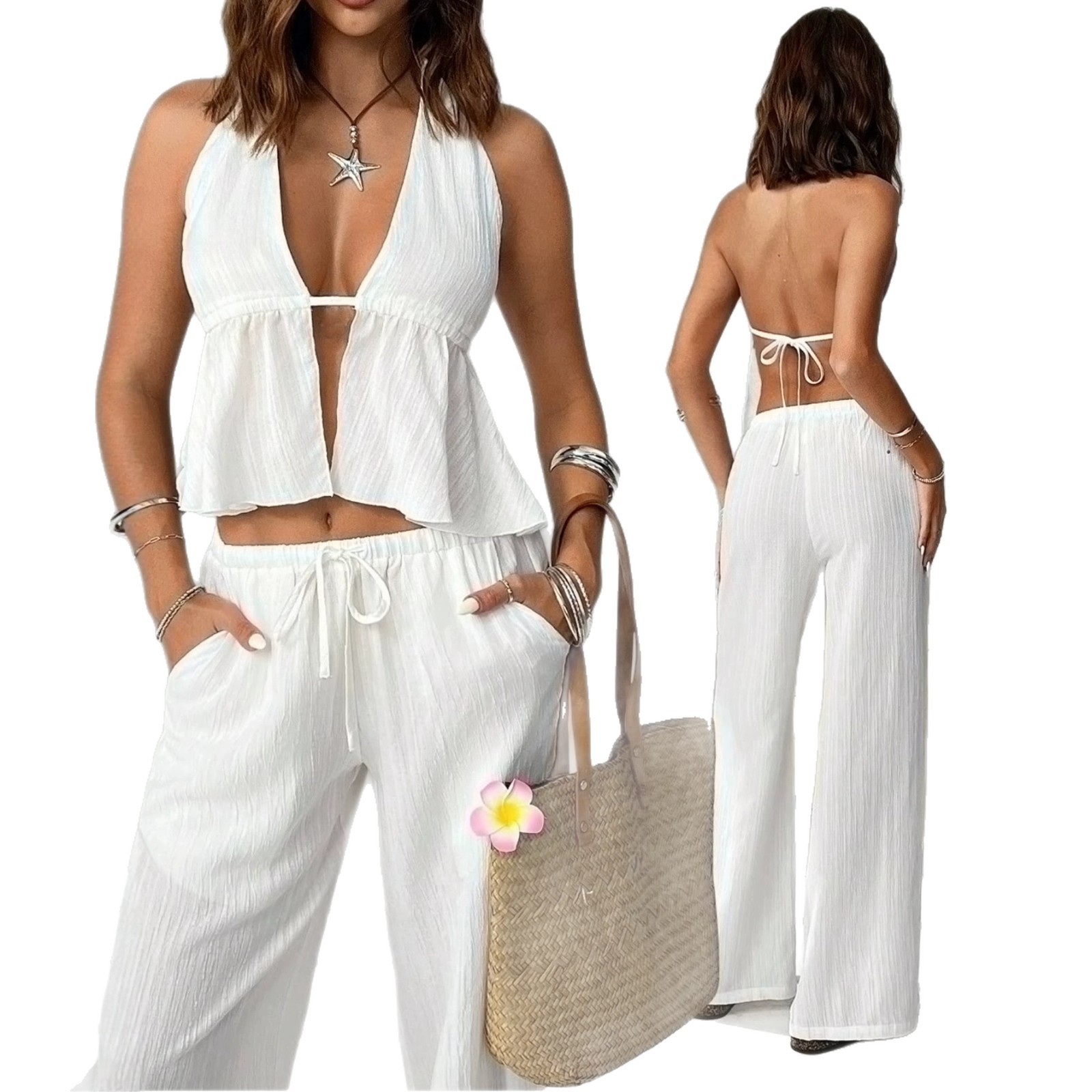 Women's Halter Tie Backless Sleeveless Tank Top Slim Fit Pants Set