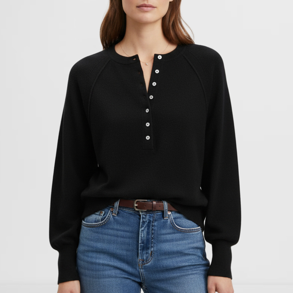 Women's Casual Crewneck Button-Front Knit Henley Sweater