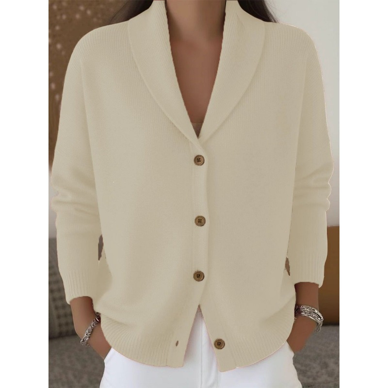 Women's Soft Knit Cardigan Loose Lazy Style Collared Button-Down Long Sleeve Solid Color