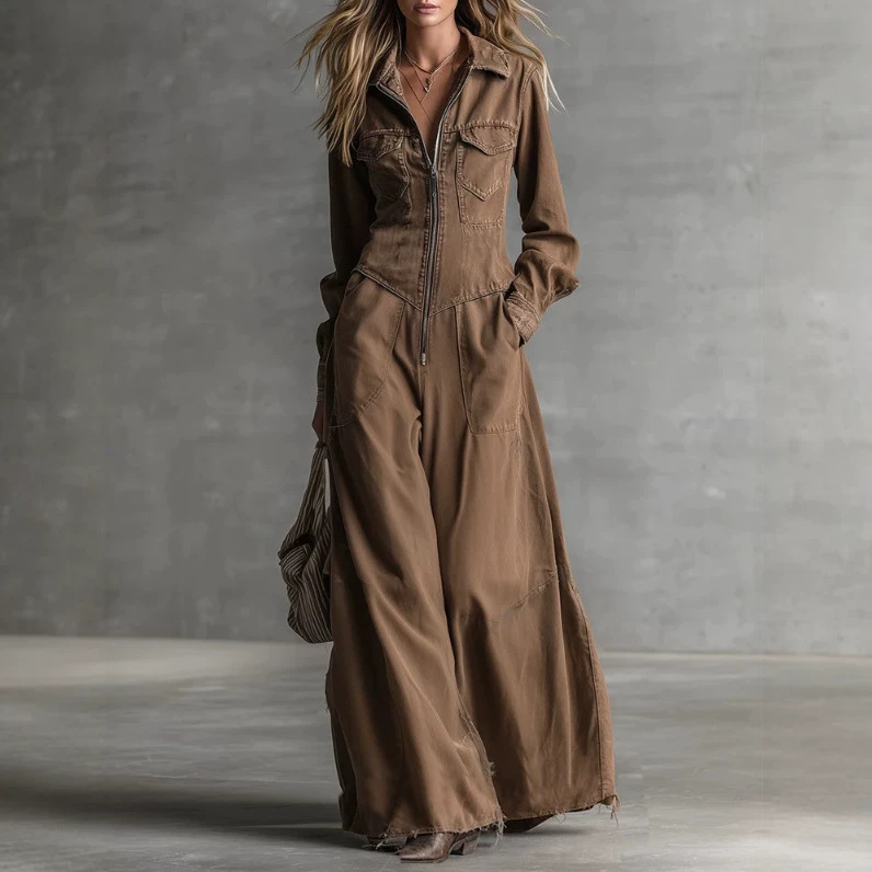 Women's Casual Solid Color Long Denim Dress with Shirt Collar and Pockets