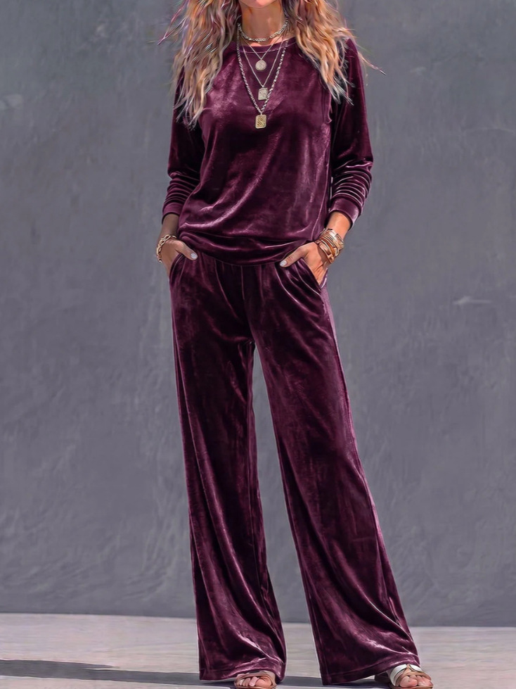 Solid Velvet Crewneck Long-Sleeve Loose Wide-Leg Two-Piece Set