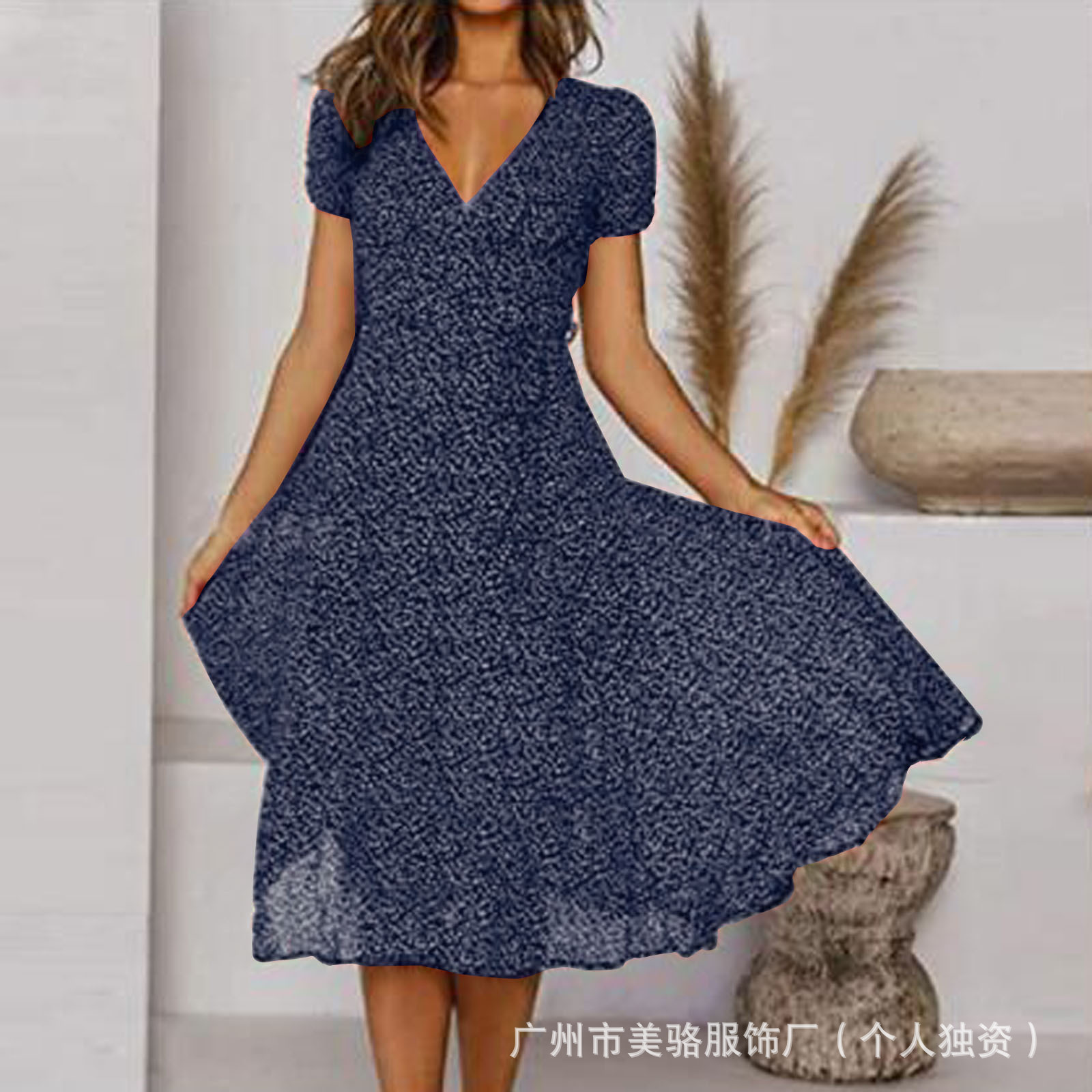 Women's Short Sleeve V-Neck Polka Dot Print Midi Dress