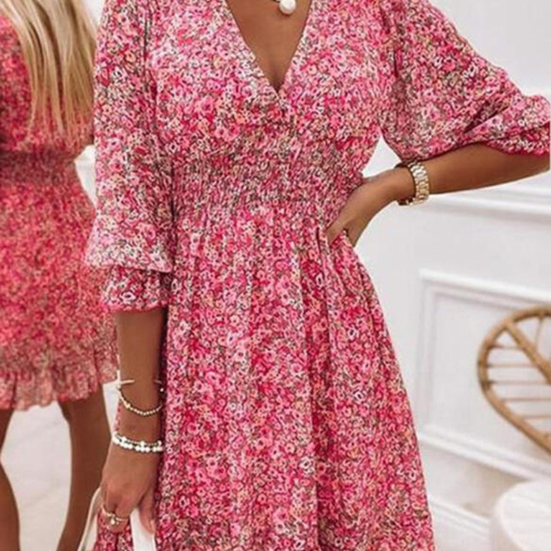 Women's Midi A-Line Dress with Bohemian Floral Print, Short Puff Sleeves, V-Neck, Waist-Cinching