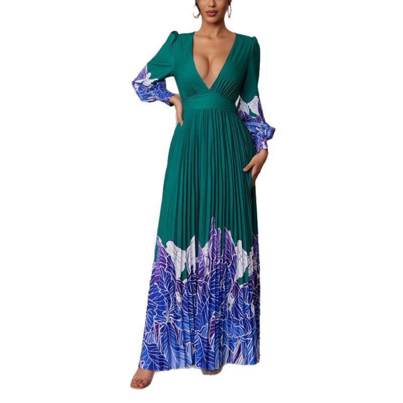 V-Neck Ruched Print Long A-Line Dress