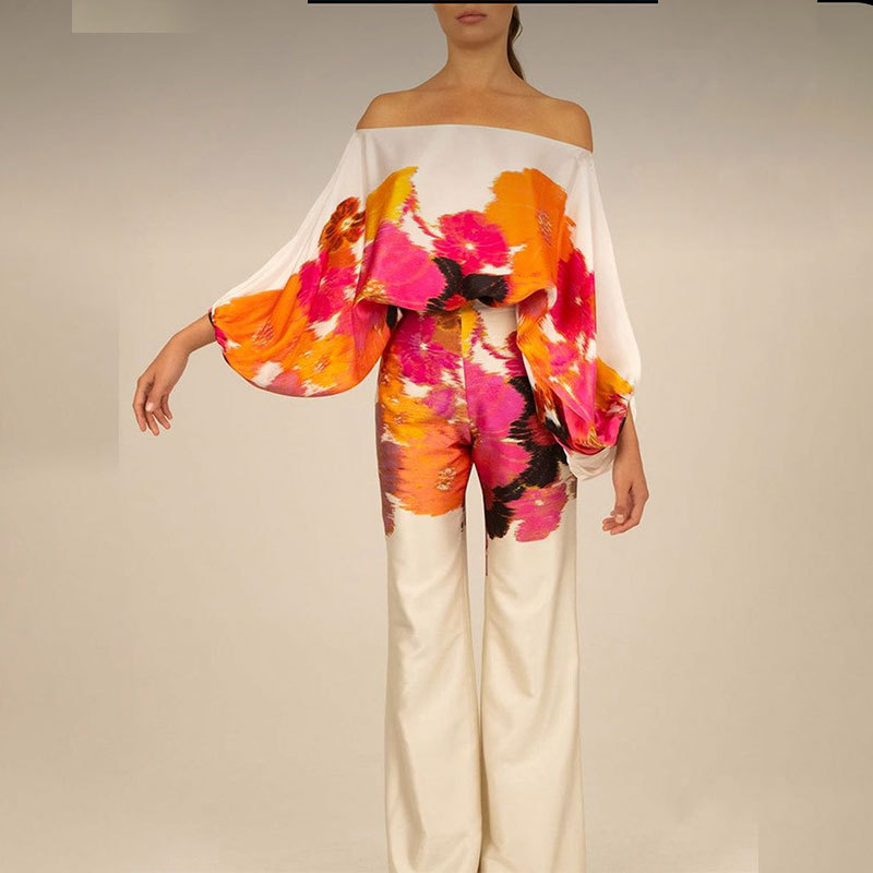 Women's Printed Batwing Sleeve Cinched Waist Wide-Leg Pants Set