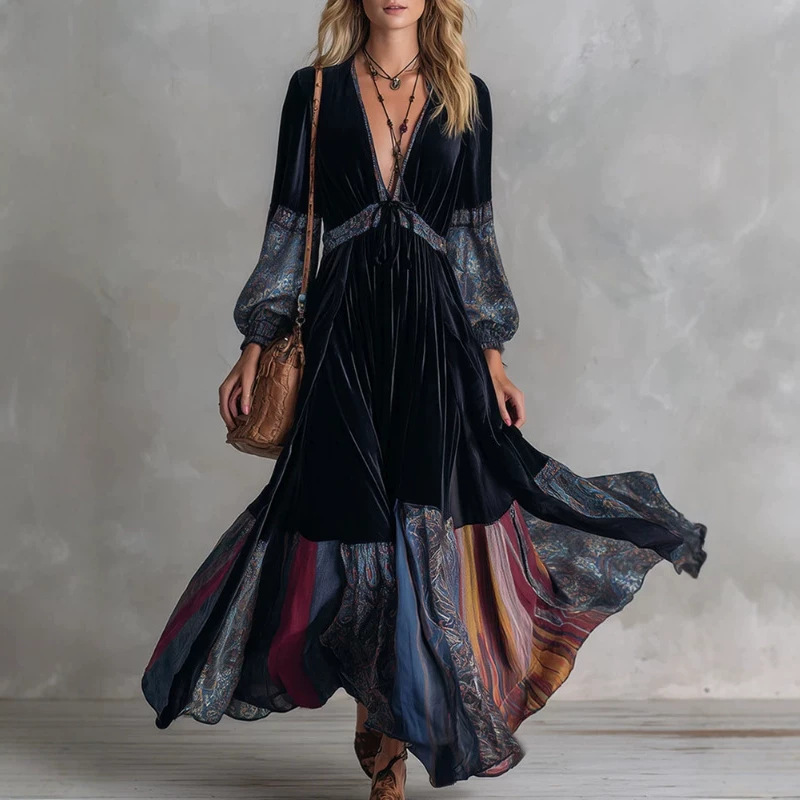 Vintage Floral Print V-Neck Long Dress