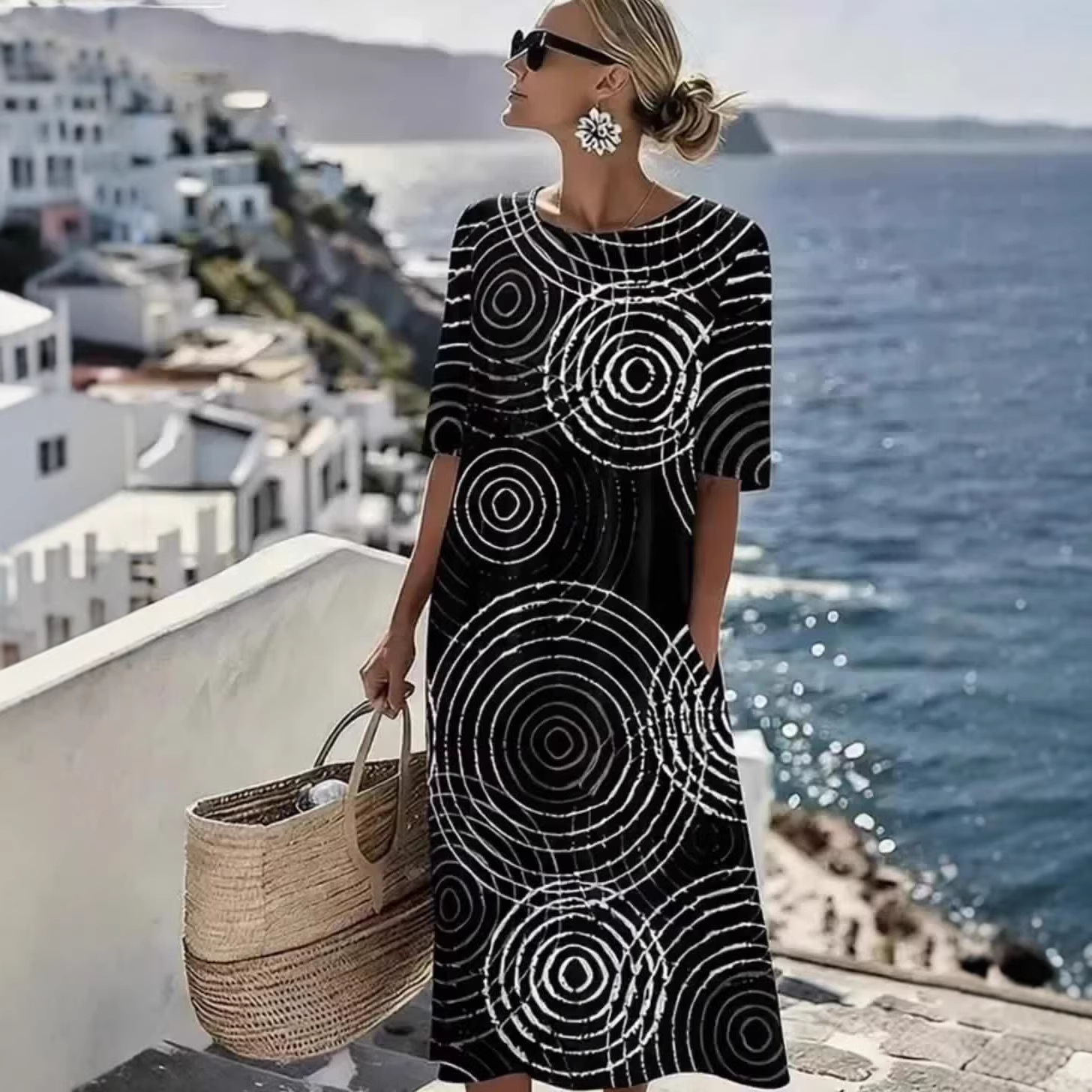 Women's Casual Vacation Dress with Abstract Concentric Circle Geometric Print, Short Sleeve, Black