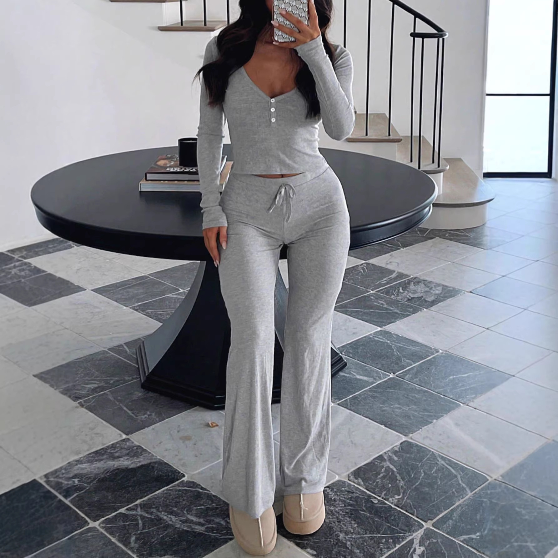 V-Neck Long-Sleeve Top and Pants Two-Piece Set Casual Slim Loungewear