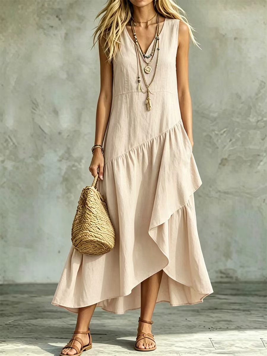 Women's Sleeveless V-Neck A-Line Maxi Dress Loose Fit Boho