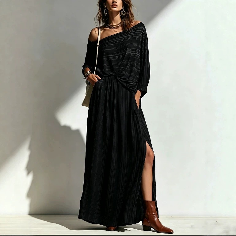 Striped Off-Shoulder Batwing Sleeve Top and High-Waist Long Skirt Set