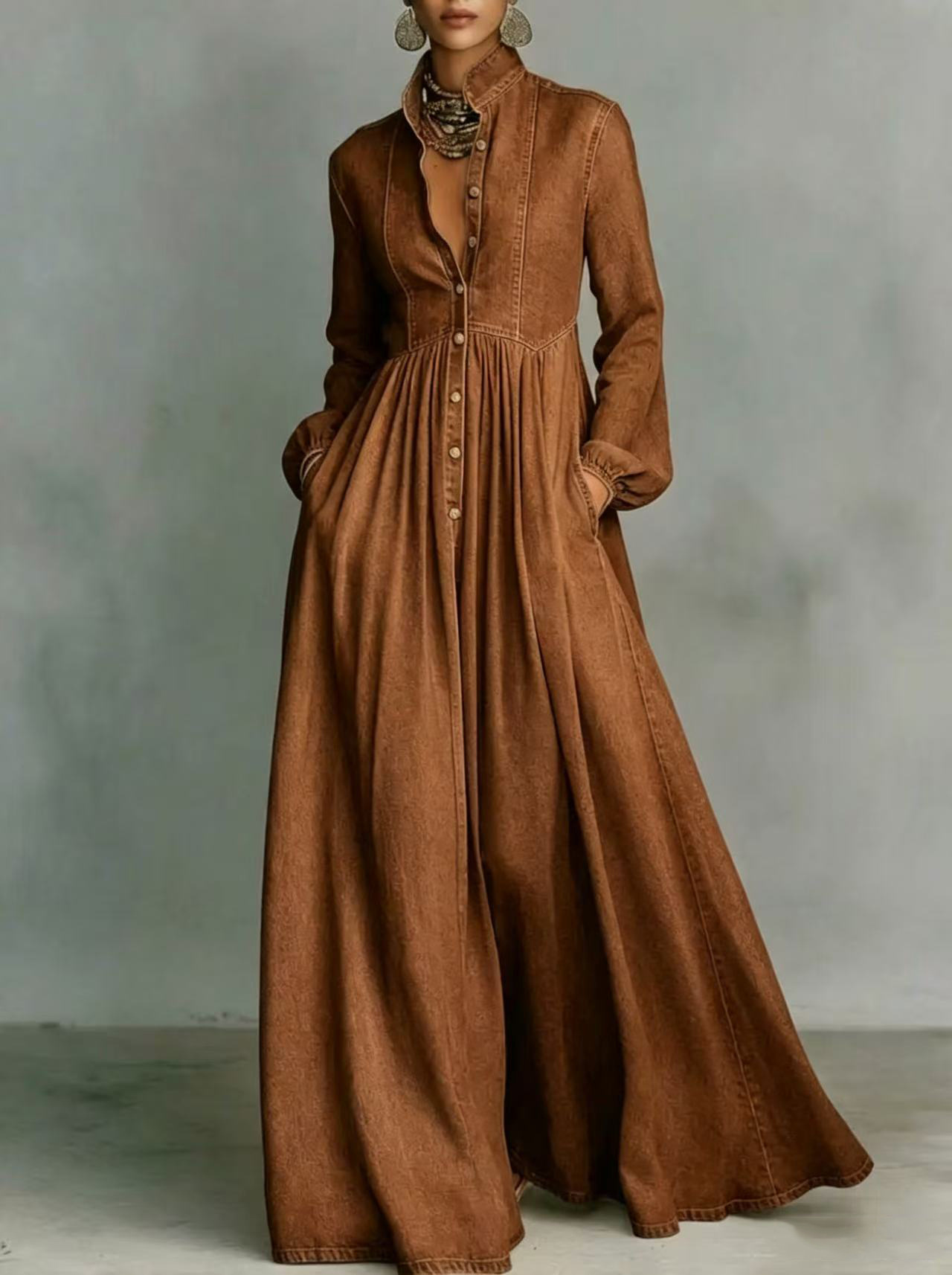Women's Denim Maxi Dress with Asymmetric One-Shoulder and Flared Skirt