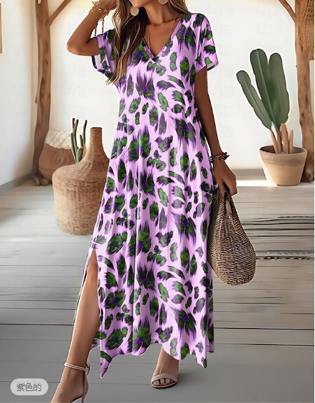 Women's Casual V-Neck Split Short Sleeve Dress with Digital Print