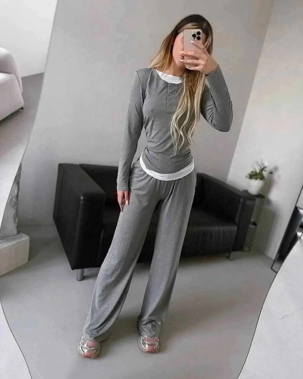 Women's Solid Color Long Sleeve Faux Two-Piece T-Shirt and Pants Set Casual Two-Piece Outfit