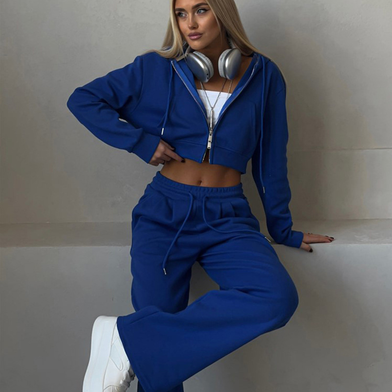Women's Casual Two-Piece Set Cropped Hooded Cardigan and Tie-Front Joggers