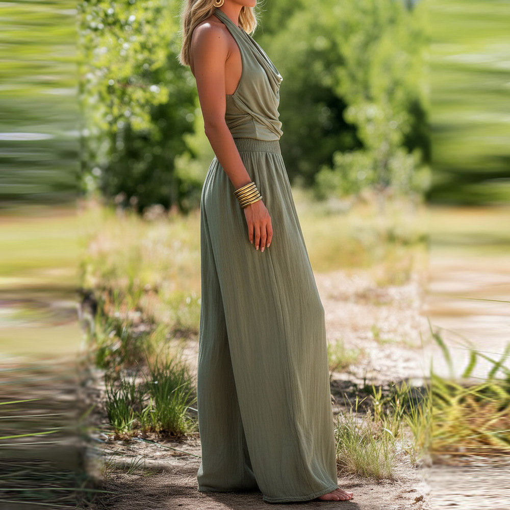 Women's Solid Halter Backless Wide-Leg Jumpsuit