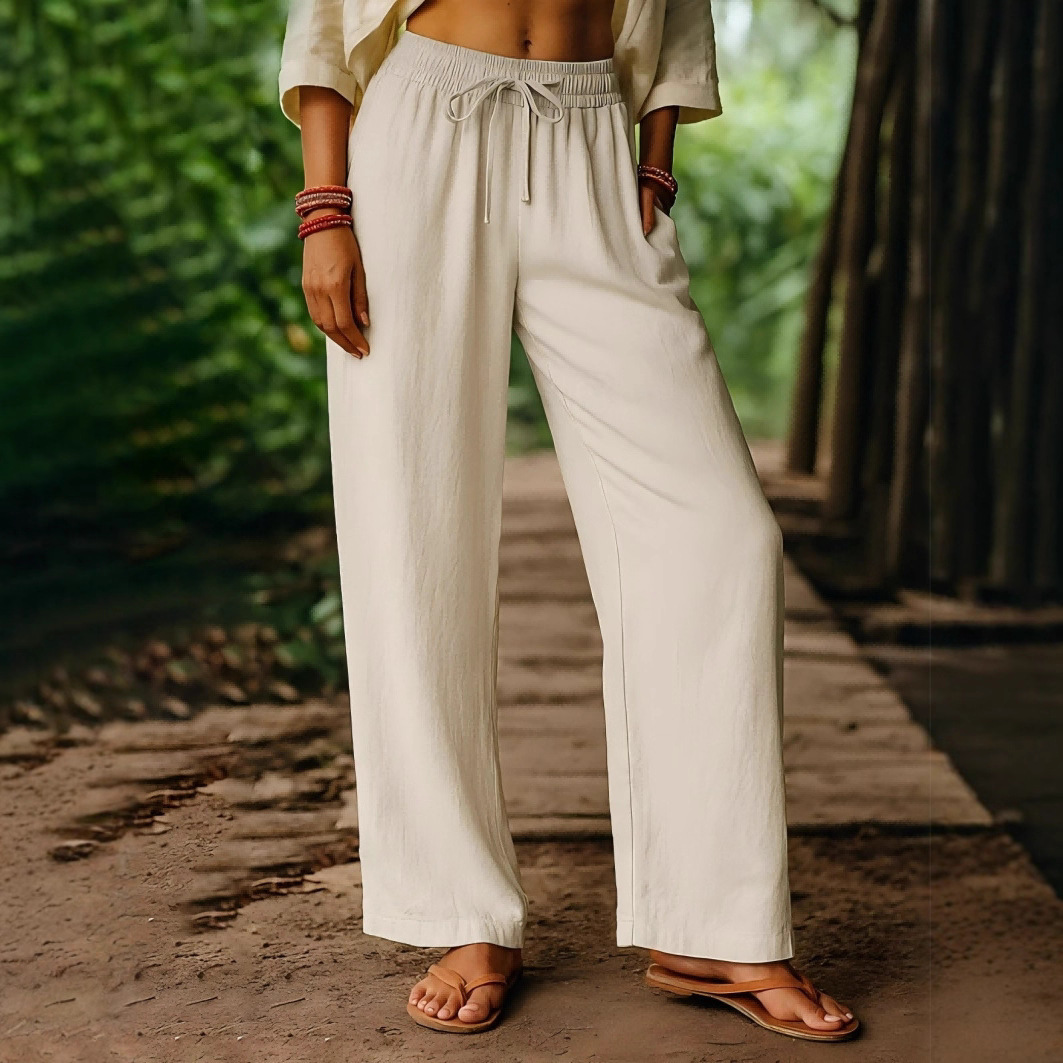 Women's Cotton-Linen Wide-Leg Pants High Waist Drawstring Casual