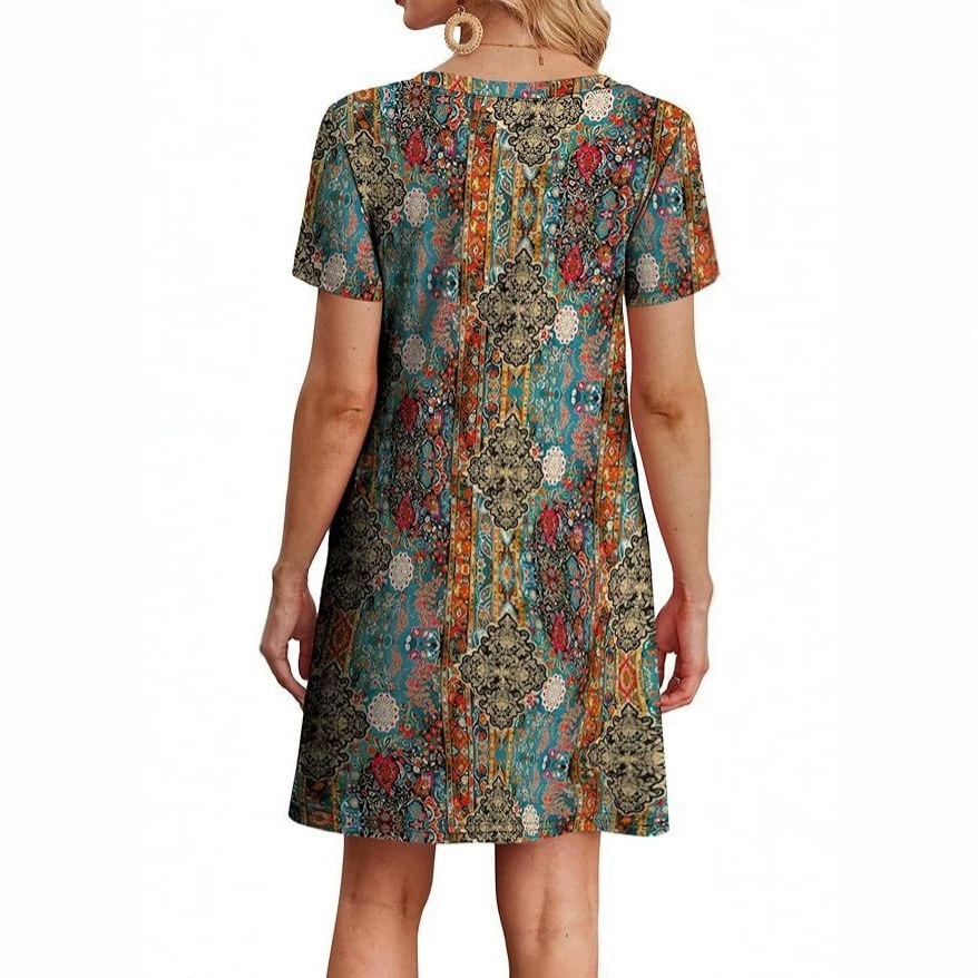 Women's Casual Loose A-Line Midi Dress with Ruffle Neck and Puff Sleeves, Floral Print Beach Vacation Dress