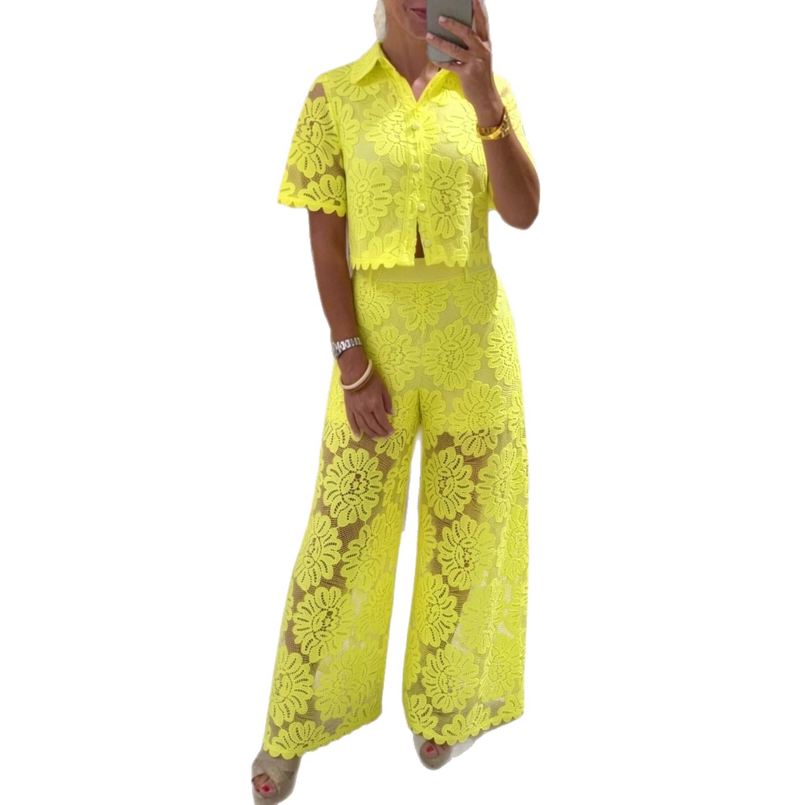 Women's Lace Crochet Short Sleeve Collared High Waist Pants Set