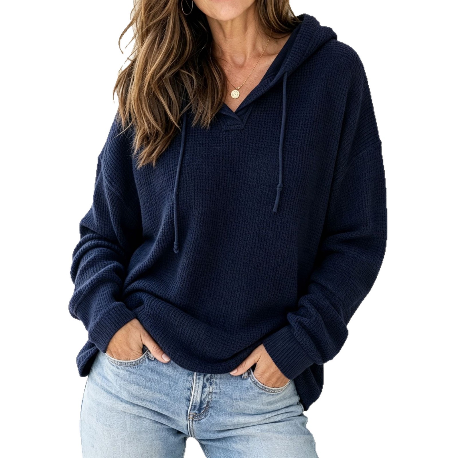 Women's Solid Color Waffle Knit Drawstring Hooded Pullover Sweatshirt