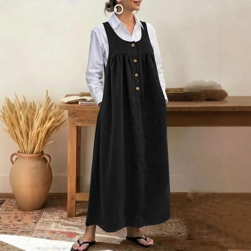 Women's Sleeveless Button A-Line Loose Long Dress Casual