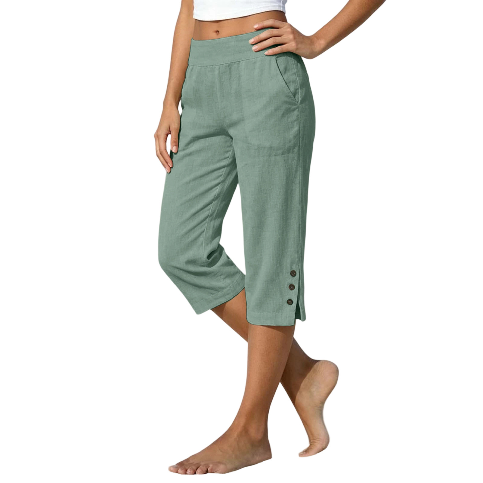 2026 Summer Women's Cotton-Linen Capri Pants High Waist Loose Straight Leg Slit Button Casual Pants Cross-Border Women's