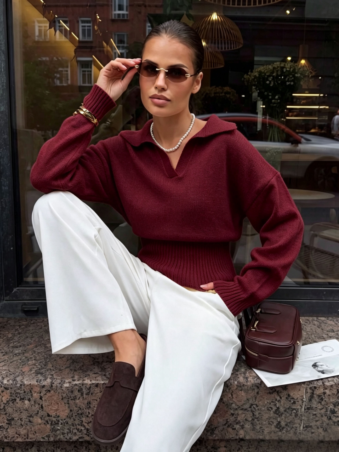 Women's V-Neck Fitted Waist Loose Long Sleeve Pullover Top