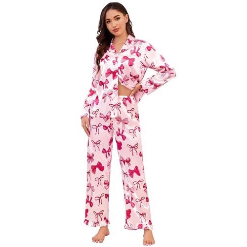 Women's Cuban Collar Butterfly Ribbon Print Long Sleeve Loungewear Set
