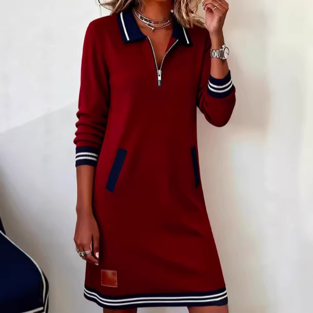 Women's Casual Zip-Up Long Sleeve Sweatshirt Dress Colorblock