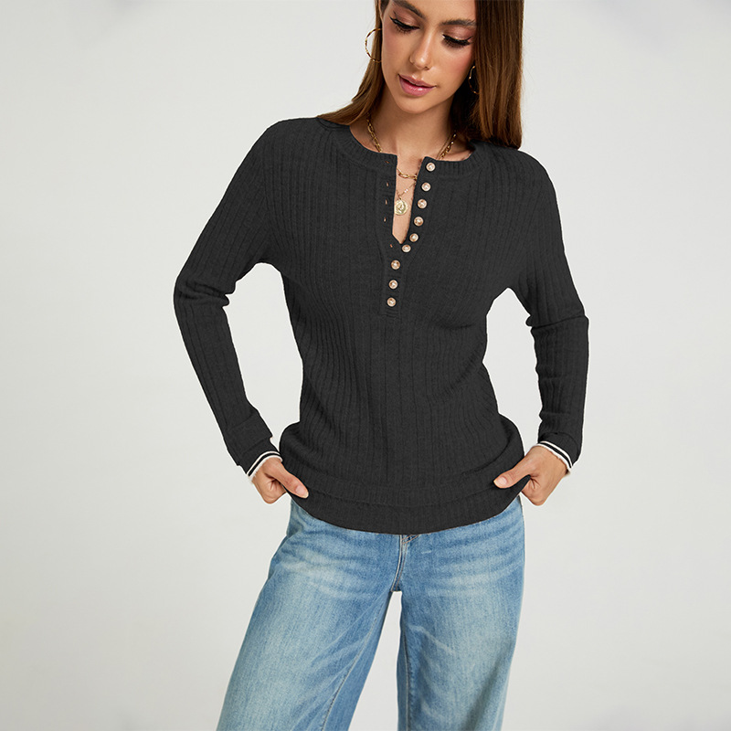 Women's Ribbed Knit Button-Front Crewneck Long-Sleeve Slim Sweater