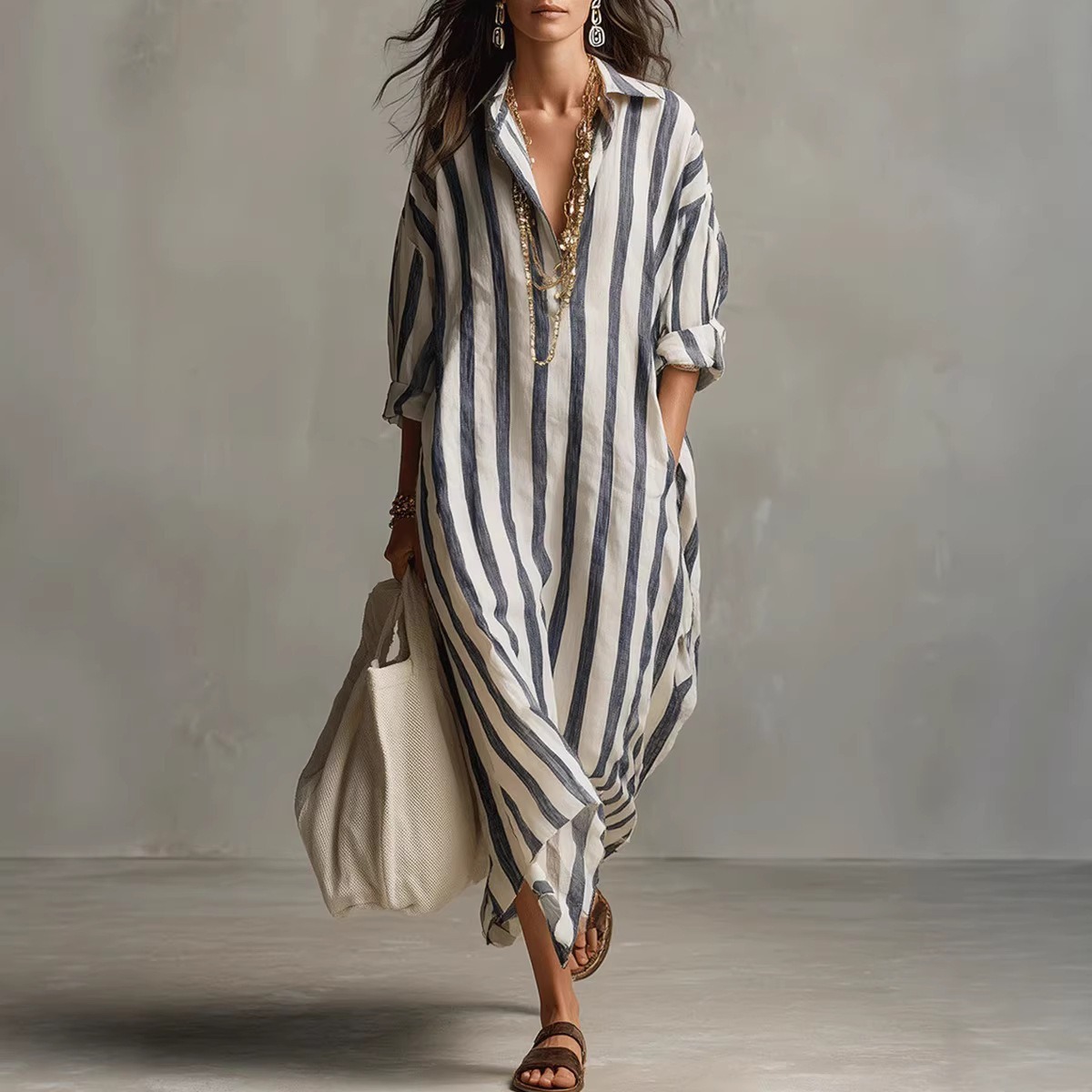 Women's Loose V-Neck Long Striped Print Shirt Dress