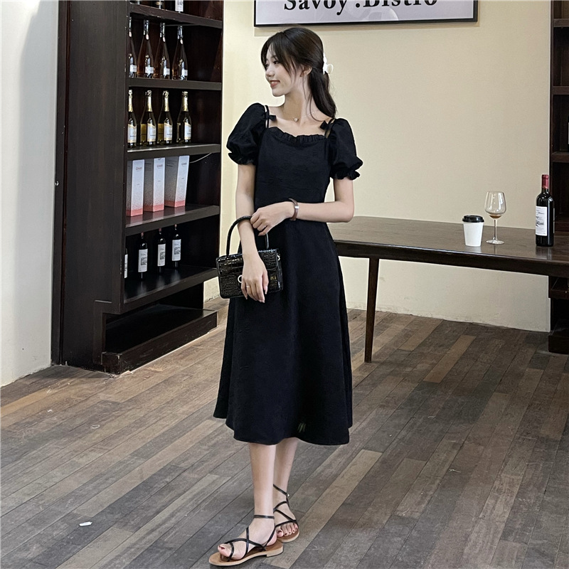Square Neck Puff Sleeve Midi Dress Women's Black A-Line