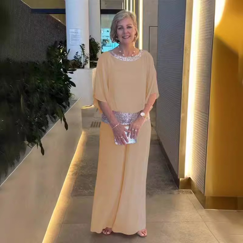 Women's Sequin Colorblock Batwing Top and Wide-Leg Pants Set