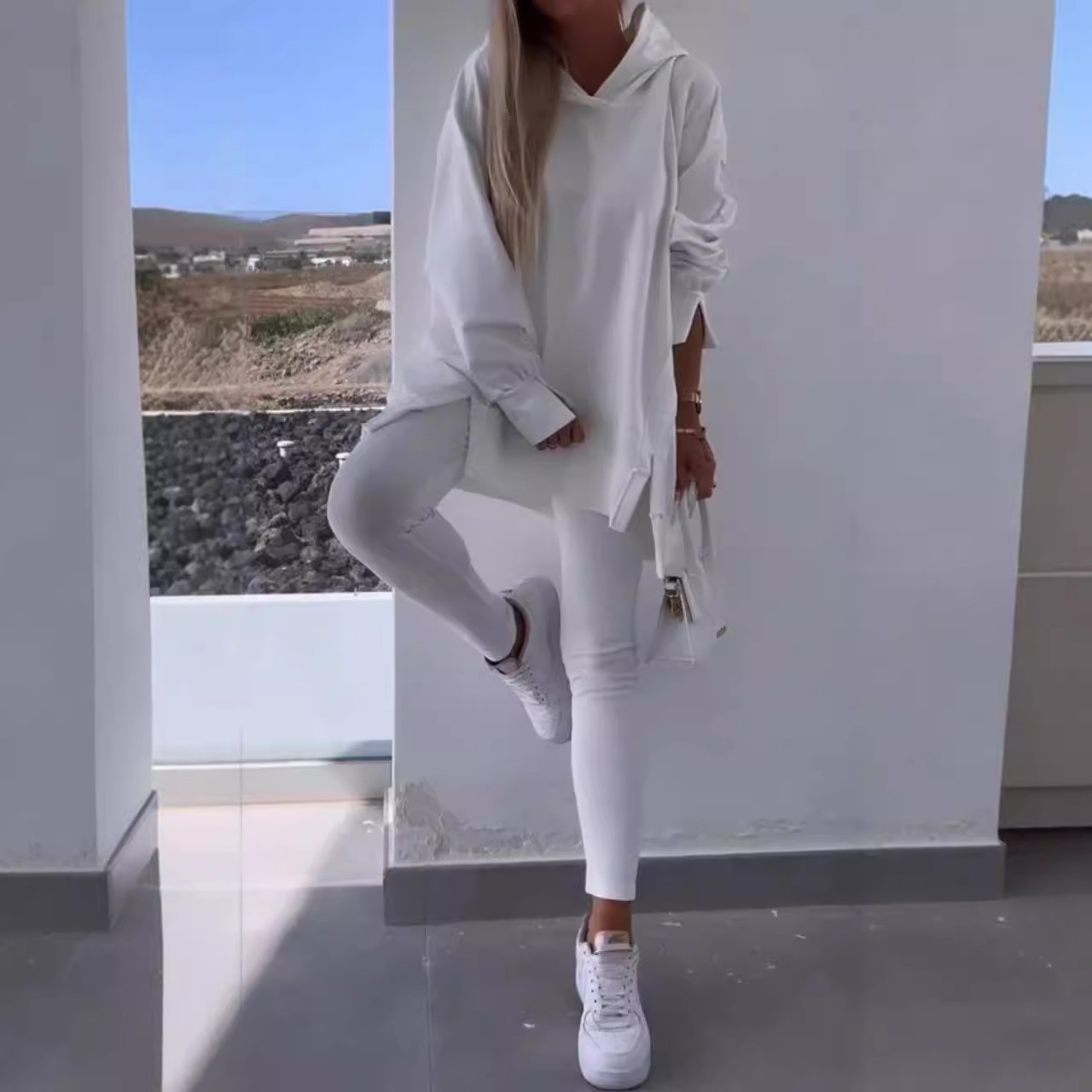 Women's Casual Hooded Split Top and Leggings Two-Piece Set