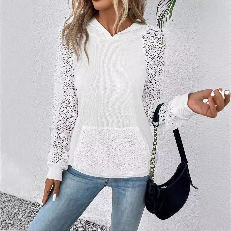 Women's Lace Waffle Knit Hooded Sweatshirt Casual Pullover
