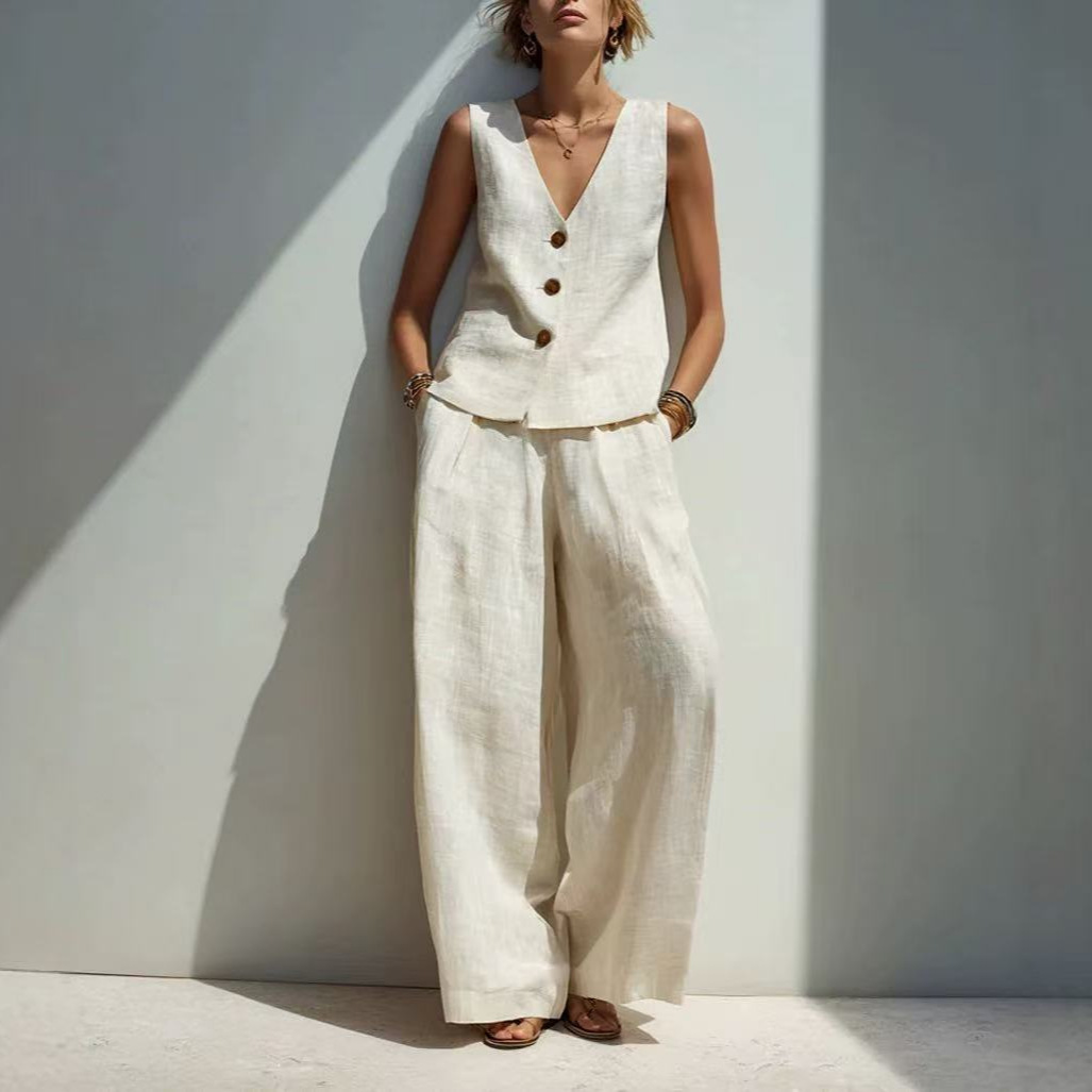 Linen-Blend V-Neck Button Tank Top & High-Waist Wide-Leg Pants Set