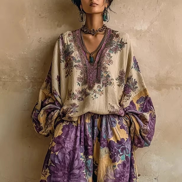 Women's Printed Vintage Two-Piece Set – Loose Casual Shirt & Top
