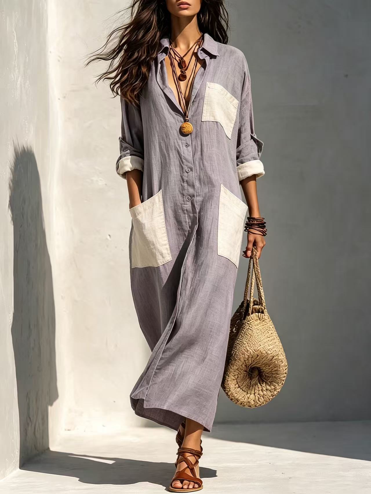 Color-Block Patch Pocket Shirt Dress Retro Loose Collared Vacation Dress
