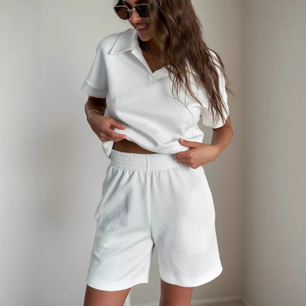 Women's Casual Two-Piece Set with Collared Short-Sleeve Top and Elastic-Waist Shorts
