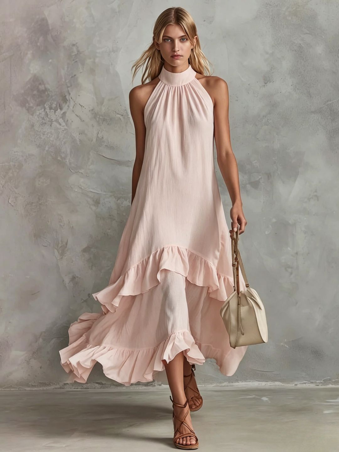 White Sleeveless Ruffle Midi Beach Dress