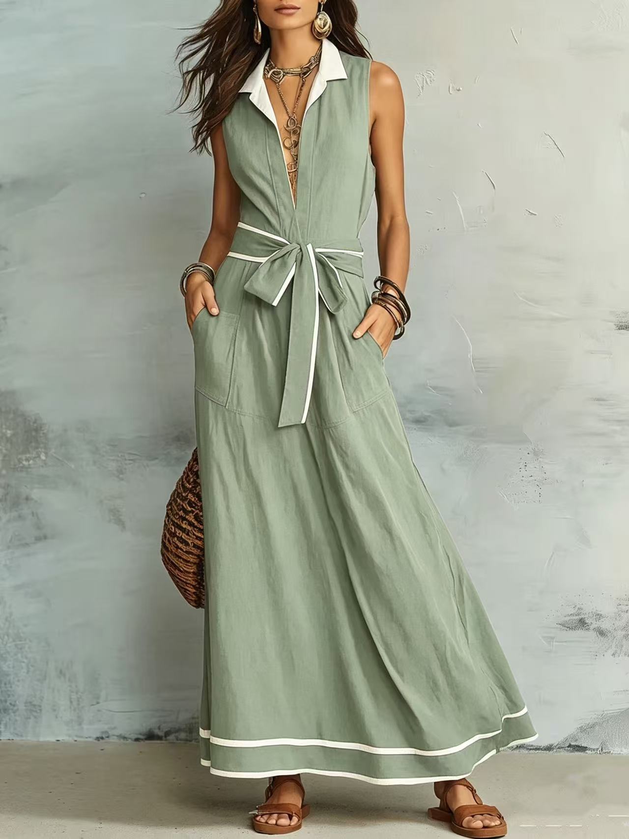 Sleeveless V-Neck White Trim Tie-Waist A-Line Dress