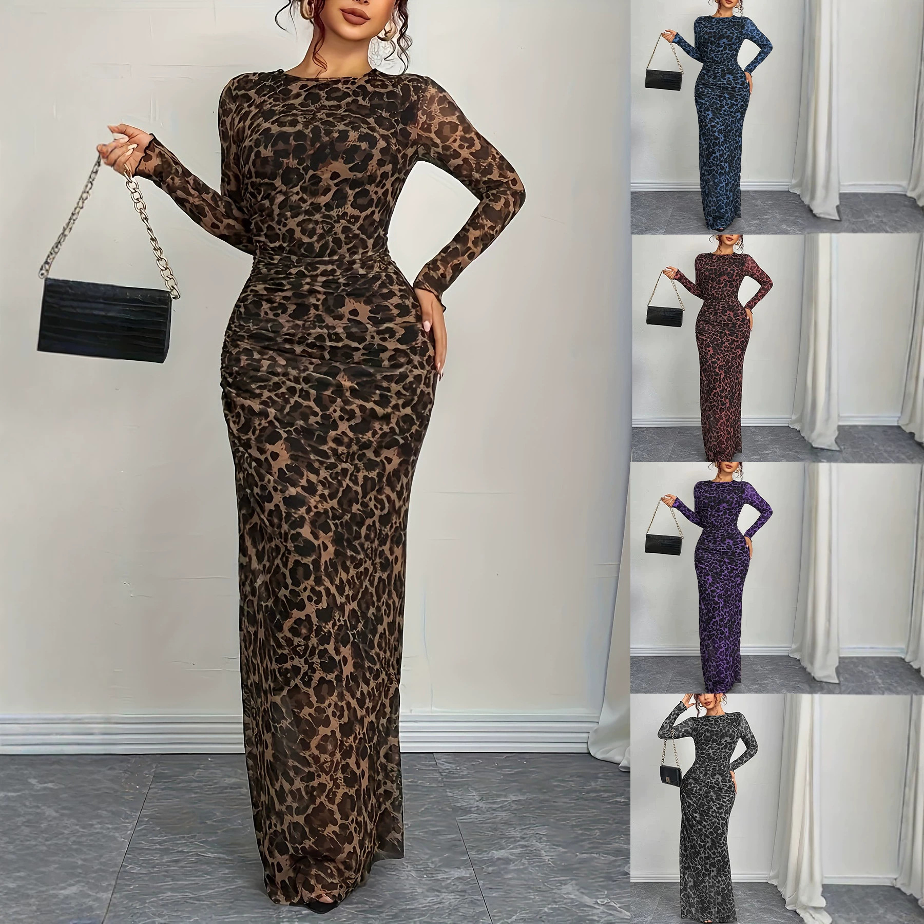 Women's Elegant Leopard Print Mesh Bodycon Long Sleeve Dress