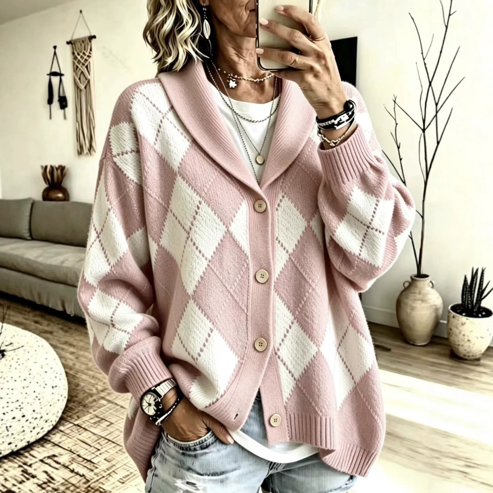 Diamond Plaid Button-Front Cardigan Sweater with Suit Collar