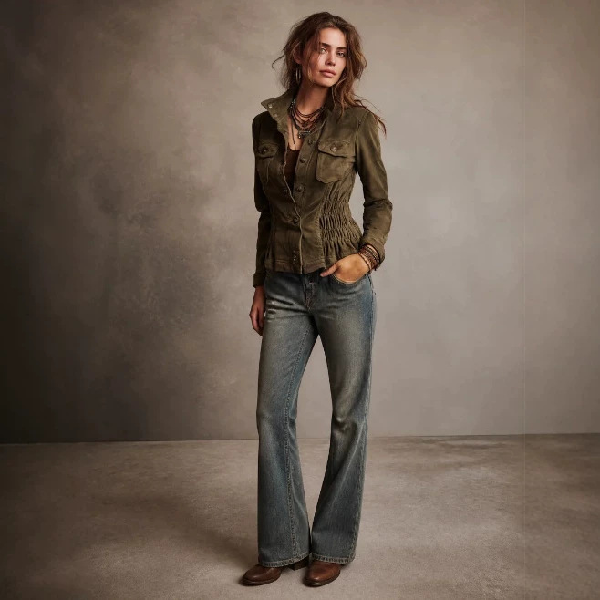 Women's Olive Green Cinched Waist Casual Jacket