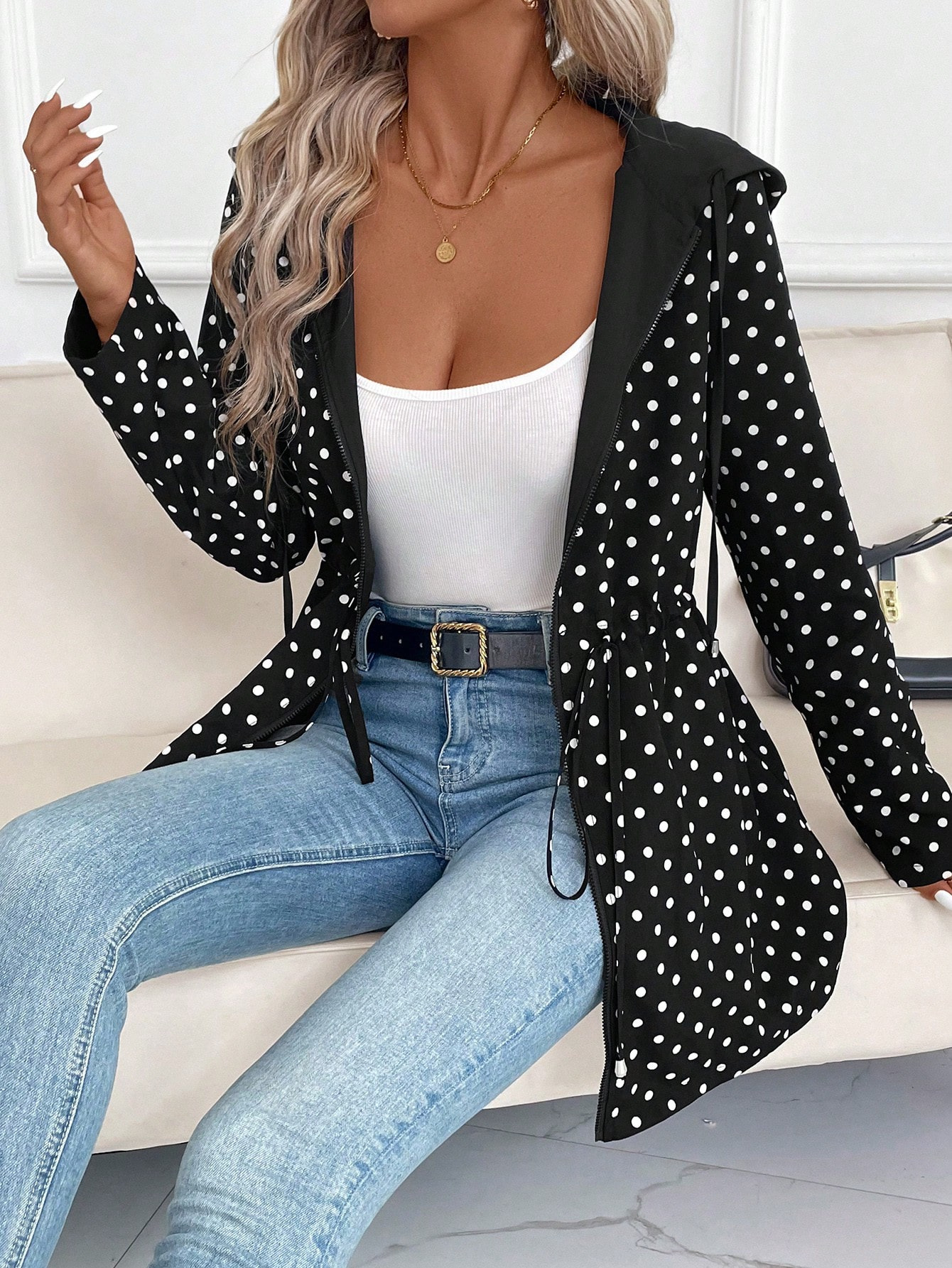 Reversible Leopard Print Hooded Zip Jacket with Belt Long Sleeve