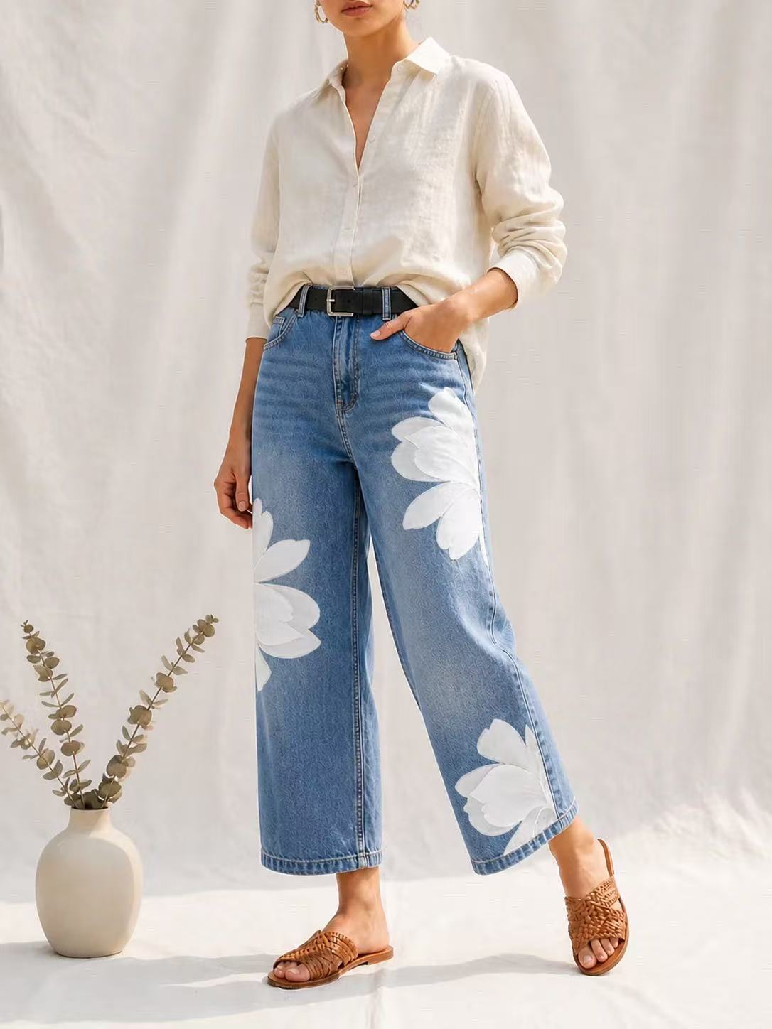 Yellow Long Shirt Jacket & Floral Wide-Leg Jeans Set