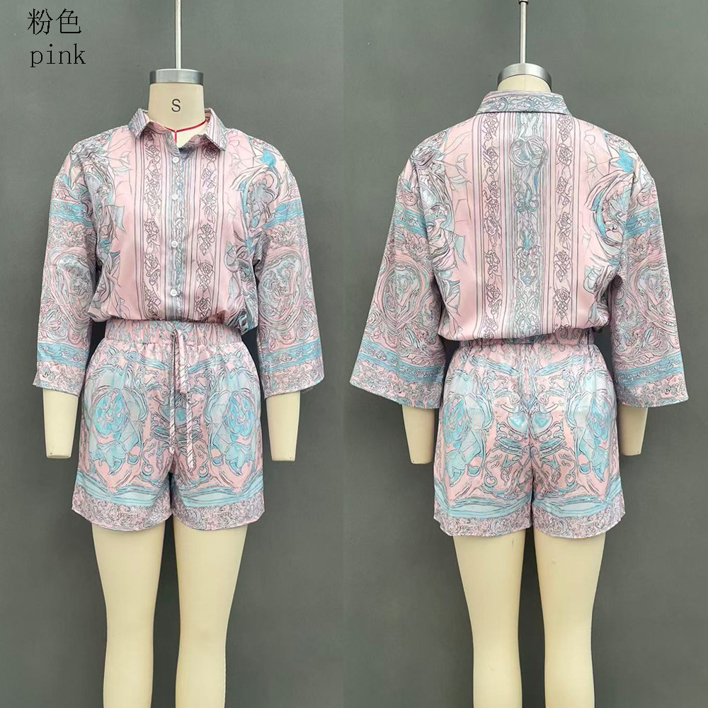 Women's Printed Long Sleeve Shorts Two-Piece Set Casual Polo Shirt Outfit