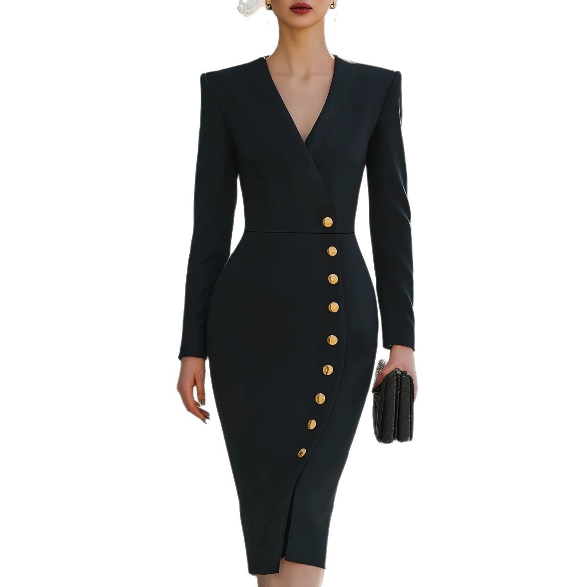 V-Neck Button-Trim Waist-Defining Long-Sleeve Midi Dress