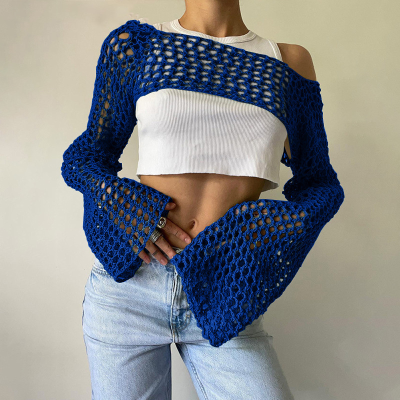 Women's Crochet Mesh Crop Top with Bell Sleeves